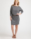 When skinny, nautical stripes meet sporty raglan sleeves and a comfortable elasticized waist, you get a stretch jersey dress that offers arm coverage and a fantastic fit.Solid necklineDolman sleevesPull-on styleComfortable elasticized waistBelt includedAbout 29 from natural waist95% rayon/5% spandexMachine washImported