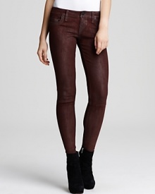 French lamb suede gives a heavy dose of luxe on these standout skinnies from True Religion--a distressed sheen adds edge. French lamb suede gives a heavy dose of luxe on these standout skinnies from True Religion--a distressed sheen adds edge.