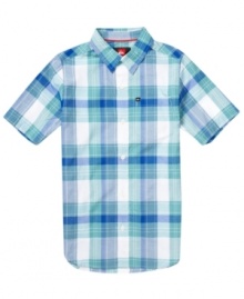 Keep him looking cool in school. This short-sleeved, plaid, button-down Quiksilver shirt can be paired with khakis or jeans for a crisp, put-together style. Keep him looking cool in school. This short-sleeved, plaid, button-down Quiksilver shirt can be paired with khakis or jeans for a crisp, put-together style.