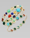 Show your true colors in this bright and bold semi-precious design set in radiant 18k gold. Dyed red agate, madeira citrine, turquoise, mother-of-pearl, gold green agate, orange citrine, chrysoprase, lapis, clear quartz, ruby and blue topaz18K goldDiameter, about 2½Slip-on styleImported Please note: Bracelets sold separately. 