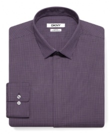 Check basic at the door and go a little bolder with this slim-fit dress shirt from DKNY.