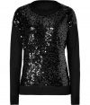 Shimmer into the festive holiday season in DKNYs sequined front pullover, detailed in ultra soft silk-cashmere perfect for wearing to chilly evening cocktails - Round neckline, long sleeves, dropped shoulders, sequined front, fine ribbed trim - Slim fit - Wear with everything from jeans and flats to party skirts and heels