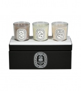 Open up your senses with a treasure chest of irresistible winter scents with Parisian fragrance favorite Diptyques set of 3 mini candles - Wood Fire creates a harmonizing blend with the cocktail of Olibans frankincense spices and resinous notes of Opopanax - Each candle may burn up to 30 hours - The perfect home accessory for giving as a chic gift