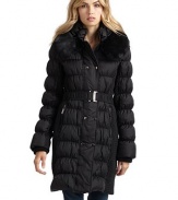 THE LOOKPuffer designQuilted detailsStand and fold-over collarRemovable rabbit fur collar Concealed front zip and snap closureRuched elastic belt with buckle closureSide zip pocketsTHE FITAbout 35 from shoulder to hemTHE MATERIALNylonContrast: acrylicFill: down/waterfowl Fur: dyed rabbit Fully linedCARE & ORIGINMachine washImportedFur origin: ChinaModel shown is 5'11 (180cm) wearing US size Small. 