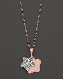 Double star pendant, one set with twinkling diamonds, in 14K. rose gold. Double star pendant, one set with twinkling diamonds, in 14K. rose gold.