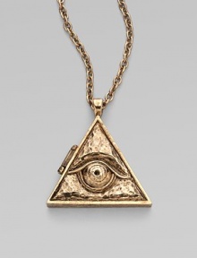 This evil eye, framed in a triangular locket, has the look of a treasured antique.14k goldplated Chain length, about 36 Pendant length, about 2¾ Lobster clasp Made in USA This evil eye, framed in a triangular locket, has the look of a treasured antique.14k goldplated Chain length, about 36 Pendant length, about 2¾ Lobster clasp Made in USA