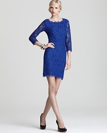 A ladylike DIANE von FURSTENBERG lace dress is ever-so chic for cocktails with an alluring v back and chic scalloped trim.