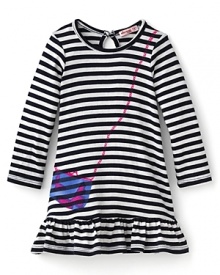 A whimsical trompe l'oeil printed purse detail adds instant chic to a striped dress with a ruffle hem from Little Ella. A whimsical trompe l'oeil printed purse detail adds instant chic to a striped dress with a ruffle hem from Little Ella.