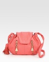 Buttery smooth leather in an on-trend palette defines this slouchy cinch-top silhouette.Shoulder strap, 20 dropDrawstring closureTwo outside zip pocketsOne inside zip pocketCotton lining11½W X 9H X 2DImported