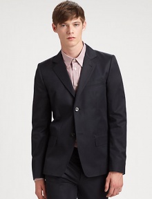 Impeccably tailored in rich, smooth cotton, this two-button suit jacket is designed the man of style who looks, feels and dresses like a power-player.Button-frontChest welt, waist flap pocketsRear ventAbout 29 from shoulder to hemCottonDry cleanImported