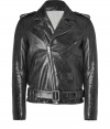 With its perfect vintage patina and edgy biker styling, this lambskin jacket from Each Other guarantees a Downtown-cool finish to your outfit - Notched collar, snapped lapel, long sleeves, zippered cuffs, asymmetrical front zip, snapped epaulettes, snapped and zippered pockets, belted hemline - Contemporary slim straight fit - Team with casual separates and ultra chic cashmere scarves