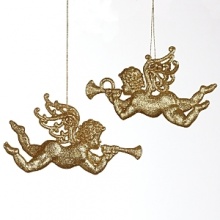 Hark the herald angels sing! Two cherubs welcoming the holidays by blowing their joyous horns, these ornaments are lavishly crafted to bring good cheer. Hark the herald angels sing! Two cherubs welcoming the holidays by blowing their joyous horns, these ornaments are lavishly crafted to bring good cheer.