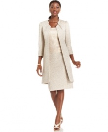 Make this occasion truly special with Tahari by ASL's three-piece skirt suit. The metallic-flecked tweed fabric of the elongated jacket and skirt offset the textured lace shell to maximum effect.