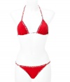 Luxe bikini in fine, synthetic fiber blend - Especially comfortable and flattering, thanks to a generous amount of stretch - Vibrant in bright red with multicolor braided ribbon trim - Triangular halter top with adjustable cups ties at back and nape of neck - String brief offers modest coverage at rear - Sexy and fun, a must for you next vacation or beach getaway - Wear solo or layer beneath a caftan and pair with wedge sandals