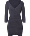 Stylish dress in fine, dark grey cotton blend - Especially comfortable and flattering, thanks to a touch of stretch - Wrap-style bodice with on-trend, 3/4 sleeves and deep v-neck - Curve-hugging, elegantly ruched skirt hits above the knee - Sexy and chic, ideal for cocktails and evenings out - Pair with flat sandals or wedges and a raffia tote or clutch