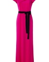 Take notes from the First Lady herself in Paule Kas seriously stylish fuchsia satin and crepe gown, pulled together with a rich black velvet sash for exquisite results tailored to your most festive evening events - Rounded neckline, cap sleeves, diagonal drape across the top, satin side panels, black velvet self-tie sash, side belt loops, V-back with hidden zipper closure - Softly tailored fit, floor-length - Team with a dusting of fine jewelry and statement heels