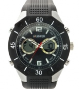 Get up and go with this athletic-inspired watch by Unlisted. Black polyurethane strap and round silver tone mixed metal case with black plating. Black bezel with lugs and white numerals. Black dial features numerals at twelve and six o'clock, stick indices, three hands, logo and two digital display subdials. Quartz movement. Splash resistant. Two-year limited warranty.