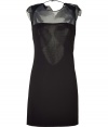 Show off your immaculate style in this ultra-chic cocktail mini-dress from Azzaro - Round collar, sleeveless, sheer panel at bust and back, fitted silhouette, low back with ruffle detailing - Style with peep-toe platforms and a statement clutch