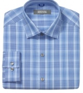 Roll up your sleeves, rock the contrast. This check Kenneth Cole Reaction dress shirt has a stylish stripe under the cuff.