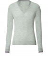 Luxe pullover in fine, pure heather grey cashmere - Supremely soft, densely woven knit - Wide V-neck with darker grey trim at collar, contrast trim at cuffs - Straight, fitted silhouette - Streamlined and classically cool, ideal for both work and play - Pair with jeans, chinos or slim trousers and leather lace-ups or trainers