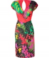 A tropical print and figure-hugging fit make this Alberta Ferretti dress a new-season must-have - V-neck, short sleeves, front crisscross drape detail at waist, back keyhole cut out and gathering at waist, fitted silhouette, all-over print - Pair with statement heels and a studded clutch