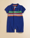 A classic cotton mesh polo shortall is updated for warmer months with short sleeves and bold stripes for a fun, preppy style.Ribbed polo collarShort sleevesFront button placketBottom snapsCottonMachine washImported Please note: number of buttons and snaps may vary depending on size ordered. 