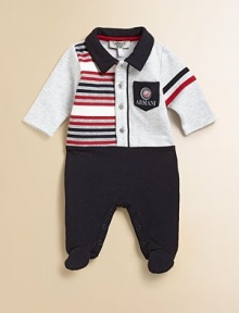 What looks like a striped polo and pants is really an easy all-in-one with the distinctive logo on front.Solid contrast collar Button placket Chest pocket with logo and appliquéd badge Long sleeves Snap inseam 92% cotton/8% elastane Machine wash Imported Please note: Number of snaps and buttons may vary depending on size ordered. What looks like a striped polo and pants is really an easy all-in-one with the distinctive logo on front.Solid contrast collar Button placket Chest pocket with logo and appliquéd badge Long sleeves Snap inseam 92% cotton/8% elastane Machine wash Imported Please note: Number of snaps and buttons may vary depending on size ordered.