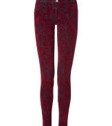 A rock n roll-inspired brocade print brings a bold edge to these statement-making skinnies from J Brand Jeans - Classic five-pocket styling, slim leg, all-over velvet brocade print - Pair with a slinky evening top or a worn-in tee, a leather jacket, and platform booties