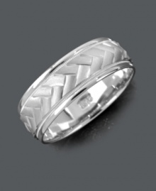 Simple design with a little extra texture. Men's ring features a woven band set in 14k white gold. Sizes 6-13. Simple design with a little extra texture. Men's ring features a woven band set in 14k white gold. Sizes 6-13.