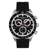 Track your every second with this precision-driven PRS 516 watch by Tissot. Black rubber strap and round stainless steel case. Black rotating bezel with tachymeter scale. Black chronograph dial features luminous stick indices and hands, date window, three subdials and logo. Swiss movement. Water resistant to 100 meters. Two-year limited warranty.