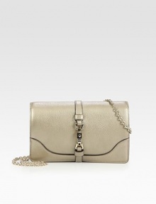 Luxe metallic leather in a petite, structured bag topped with a piston closure and chic chain strap.Removable shoulder strap, 15 dropPush-lock flap closureTwo inner expandable zip compartmentsSix credit card slotsLinen lining8¼W X 5H X 1¼DMade in Italy Luxe metallic leather in a petite, structured bag topped with a piston closure and chic chain strap.Removable shoulder strap, 15 dropPush-lock flap closureTwo inner expandable zip compartmentsSix credit card slotsLinen lining8¼W X 5H X 1¼DMade in Italy