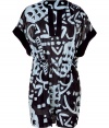 Stylish caftan in fine, pale blue and black cotton - Elegant, oversize graphic grape vine print - Lightweight and fluid, hits above the knee - Contrast trim at deep V-neck - Oversize, elbow-length sleeves - Cinched waist with skinny tie - A dream go-to for your next beach getaway - Also works layered over leggings and skinny denim with sandals