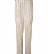 Channel understated chic in these stylish silk pants from Vanessa Bruno - Flat front, button-detailed waistband, belt loops, side slit pockets, back patch pockets, all-over stripe print - Style with a cashmere pullover, an A-line wool coat, and ankle booties