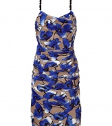 Stylish sheath dress in fine, taupe and royal blue silk - Vibrant floral motif is lush and feminine - Fitted silhouette flatters every curve, hits just above the knee - Fabric ruching at waist and hips, decorative slim straps - Effortlessly sexy and chic, retro refined - Pair with a cropped cardigan and strappy sandals or peep toe pumps