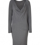 With its softly draped neckline and figure-hugging jersey, Donna Karans cocoon dress is a chic, feminine choice for contemporary daytime looks - Softly draped cowl neckline, raglan long sleeves, gathered side, contoured seams, pleated back yolk, tapered hemline - Loosely fitted top, form-fitting sleeves and skirt - Perfect for showcasing brightly tinted statement accessories