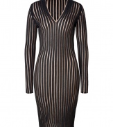 With its optically alluring ribbing and cool stripe-effect, Akris two-tone cashmere-silk dress is an ultra sophisticated choice - V-neckline, long sleeves, camel colored inside rib - Form-fitting - Wear with sleek heels and a carryall tote to work