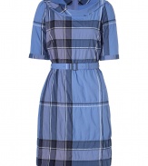 Both casual and chic with its iconic check, this crinkle cotton dress from Burberry Brit is a sophisticated choice for dressing up warm weather looks - Bateau neckline, elbow-length sleeves, buttoned cuffs, metal back zip, belted waistline, side belt loops - Tailored fit - Wear with flats and a sleek leather tote