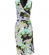 With a vivid tropical print in ultra-soft jersey, Etros ruched seam dress is a chic (and comfy) choice for taking from the office to cocktails - Wrapped V-neckline, sleeveless, ruched curved side seam, pull-over style - Form-fitting - Wear with heels and a dusting of sparkly fine jewelry