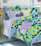 Add a touch of preppy styling to your Paloma Floral bed from Teen Vogue with this sheet set, featuring broad horizontal stripes in a blue and white color scheme.