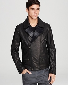 Edun Leather Moto Plaid Trim Jacket Edun Leather Moto Plaid Trim Jacket