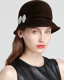 Done up in soft velour, this '20s-inspired cloche from Kathy Jeanne makes a classy statement with its removable crystal-and-pearl pin.