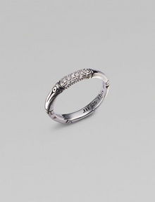 From the Bamboo Collection. The natural inspiration of bamboo meets the eternal glamour of diamonds in a slim sterling band with a pavé diamonds. This design was expressly created to support an afforestation project on Nusa Penida, an arid island off the coast of Bali. For every purchase, John Hardy will donate a portion of the retail price to the cost of planting bamboo. This ring will help plant 9 bamboos. Diamonds, 0.07 tcw Sterling silver Made in Bali From the Bamboo Collection. The natural inspiration of bamboo meets the eternal glamour of diamonds in a slim sterling band with a pavé diamonds. This design was expressly created to support an afforestation project on Nusa Penida, an arid island off the coast of Bali. For every purchase, John Hardy will donate a portion of the retail price to the cost of planting bamboo. This ring will help plant 9 bamboos. Diamonds, 0.07 tcw Sterling silver Made in Bali