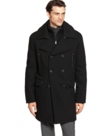 A jacket definitely for the discerning man. This wool-blend top coat matches downtown cool with old world charm for an unbeatable combination from Marc New York. A jacket definitely for the discerning man. This wool-blend top coat matches downtown cool with old world charm for an unbeatable combination from Marc New York.