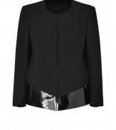 Sleek and sophisticated with an exquisitely edgy twist, Helmut Langs patent trimmed jacket is a cool modern take on this must-have style - Collarless, bracelet-length sleeves, buttoned cuffs, structured shoulders, single hidden front hook closure, patent trim around the hemline - Loosely tailored fit - Wear over everything from tees and jeans to cocktail dresses and heels