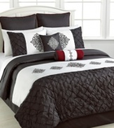 A chic black and white palette gives your space a luxe new look in this Candice comforter set, featuring intricate pleats with a smattering of embroidered emblems. The bolster decorative pillows completes the set with a touch of romantic red.