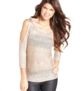 Pretty, tonal sequins adorn this three-quarter sleeve, open-knit pullover with sparkly style. From Urban Hearts.