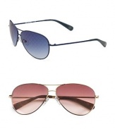 A new take on a classic style. Coated lens sprinkled with allover Tory logo pattern. Available in blue with blue lens or gold with brown lens. Metal UV 400 lens 100% UV protection Imported