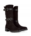 Up the style quotient of your cold weather look with these rugged-luxe shearling boots from Rossano Bisconti - Round toe, chunky sole and block heel, supple suede, mid-shaft length, dual buckle and strap detail, shearling lining - Pair with pleated wool short with ribbed tights and an oversized cashmere sweater