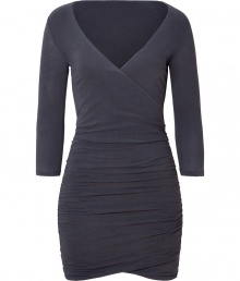 Stylish dress in fine, dark grey cotton blend - Especially comfortable and flattering, thanks to a touch of stretch - Wrap-style bodice with on-trend, 3/4 sleeves and deep v-neck - Curve-hugging, elegantly ruched skirt hits above the knee - Sexy and chic, ideal for cocktails and evenings out - Pair with flat sandals or wedges and a raffia tote or clutch Stylish dress in fine, dark grey cotton blend - Especially comfortable and flattering, thanks to a touch of stretch - Wrap-style bodice with on-trend, 3/4 sleeves and deep v-neck - Curve-hugging, elegantly ruched skirt hits above the knee - Sexy and chic, ideal for cocktails and evenings out - Pair with flat sandals or wedges and a raffia tote or clutch