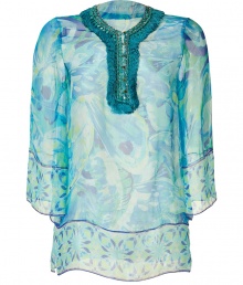 Bring resort-ready style to your look with this beachy sheer tunic from Matthew Williamson Escape -Round embellished neckline, three-quarter flutter sleeves, relaxed silhouette, all-over print, sheer- Wear over a bikini with sandals or style with jeans and platform pumps Bring resort-ready style to your look with this beachy sheer tunic from Matthew Williamson Escape -Round embellished neckline, three-quarter flutter sleeves, relaxed silhouette, all-over print, sheer- Wear over a bikini with sandals or style with jeans and platform pumps